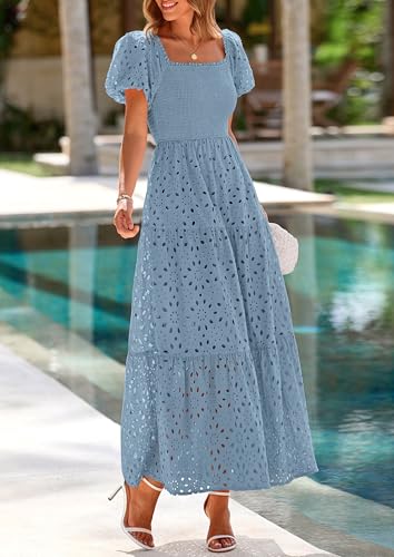 Image of PRETTYGARDEN Summer Dresses for Women 2026 Eyelet Square Neck Puff Sleeve Smocked Wedding Guest Maxi Dress with Pockets