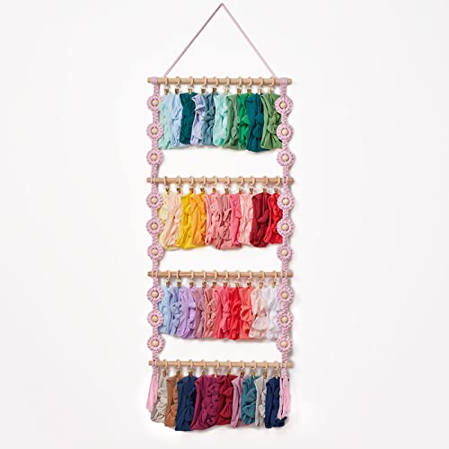 Image of Mokof Headband Holder for Baby Girls, Macrame Headbands and Bows Rack, Hanging Storage Organizer Newborn Headbands, Bows, Boho Nursery Wall Decor (Pink, 4 Rods, Holds 40 headbands)