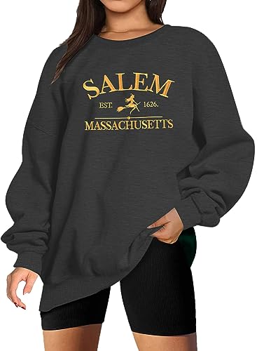 MYHALF Halloween Sweatshirts Women Oversized Salem Massachusetts Shirts Hocus Pocus Tees Tops Fall Holiday Crew Neck Pullover Dark Gray