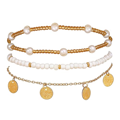 Image of Ankle Bracelets for Women Stretch Boho Pearl Bead Gold Anklets Layered Sequins Foot Chain Hawaiian Beach Conch Summer Vacation Travel Foot Jewelry