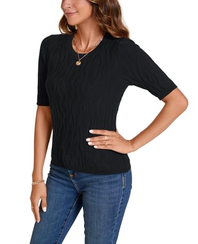 Image of MINTLIMIT Womens Short Sleeve Sweater Summer Pullover Shirt Tops Texture V Neck Casual Knit Tees Tops