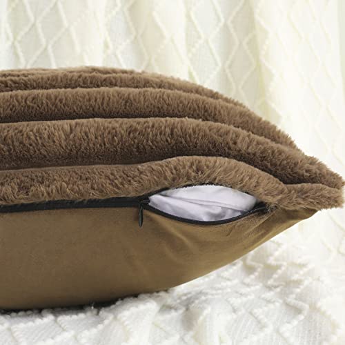 FUTEI Tan Striped Decorative Throw Pillow Covers 26x26 Inch Set of 2,Square Winter Decorations Couch Euro Pillow Shams,Soft Cozy Faux Rabbit Fur & Velvet Back,Modern Home Decor for Bed