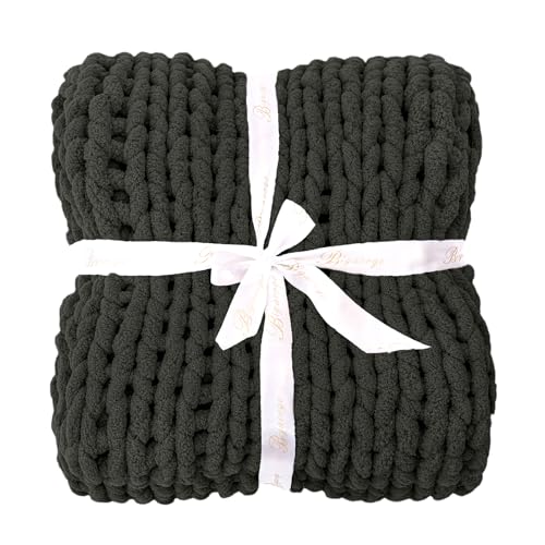 Bigacogo Chunky Knit Throw Blanket for Couch, 80x90 inches, 100% Hand Knitted with Thick Jumbo Chenille Yarn, Cozy Soft Large Rope Knot Cable Crochet Blankets for Sofa Bed Living Room, Dark Grey