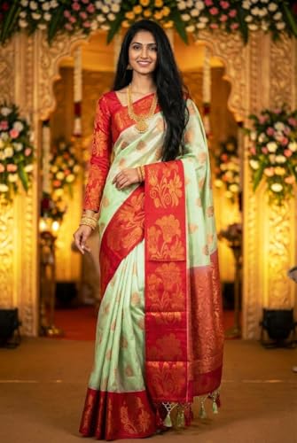 Image of VFCollections Women's Kanchipuram Silk Bridal Pure Pattu Cream White Sarees With Blouse