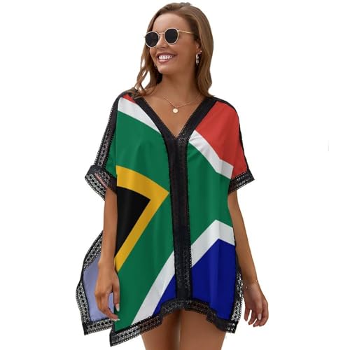 OPOZSDF Women's Chiffon Beach Cover Up, V Neck Sexy Bathing Suit Cover Ups South Africa Flag Loose Swimsuit Coverup Dress