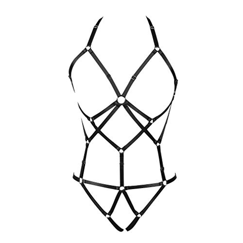 Petmhs Women Strappy Full Cage Body Harness Lingerie Garter Belt Set Waist Hollow Crop Tops Bra Punk Gothic Festival Wear Black #TOP2