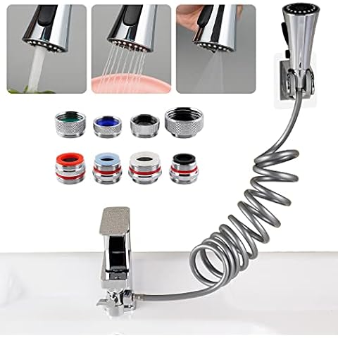 Kitchen Sink Sprayer Set, Faucet Head Replacement with 8 Faucet Adapters, Package with 79”Recoil Hose / Diverter Valve and Holder, Faucet Sprayer Attachment Set, Chrome Finish Cover
