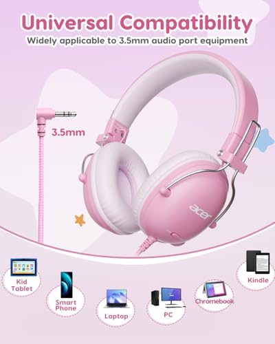 Acer Kids Headphones Wired for School, 74-85dB Limiter, Pink OHW342 - image 7