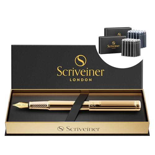Scriveiner Luxury Fountain Pen - Stunning Gold Pen, Real Gold Plating, Schmidt Gilded Nib (Fine), Bundle with Fountain Pen Ink Cartridges - Black & Blue - 20 Standard International each box