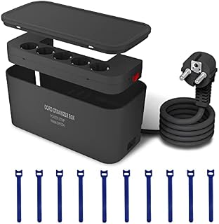 Skrzynka na Kable z Listwą Zasilającą USB, Ochrona Przed Przepięciem, 5 Gniazd, z 3 Portami Ladowania USB, Adapter do gniazdka (2500 W), z Kablem 2m, 29,5 x 14 x 14 cm, Czarna