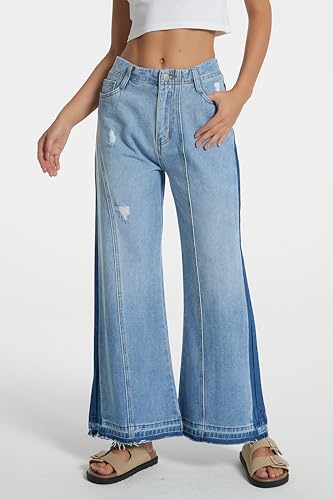 D-Sun Women's Mid Rise Wide Leg Jeans Casual Baggy Wide Leg Flared Jeans Trendy Side Seam Colorblock Denim Pants with Pockets2