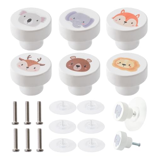OESSUF 6 Stk Schrankknöpfe Holz mit Zubehör Ohne Bohren, 35mm Runde Möbelknöpfe fur Kinderzimmer, Holzgriffe für Schränke Weiß Türknöpfe für Kinder