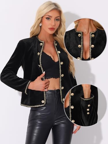 Allegra K Collarless Jacket for Women's Vintage Double Breasted Velvet Open Front Short Blazer2