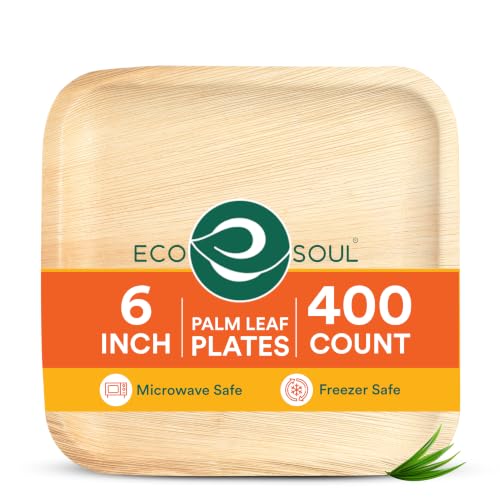 ECO SOUL 6 Inch Disposable Palm Leaf Bamboo Plates (400 Pack Square)