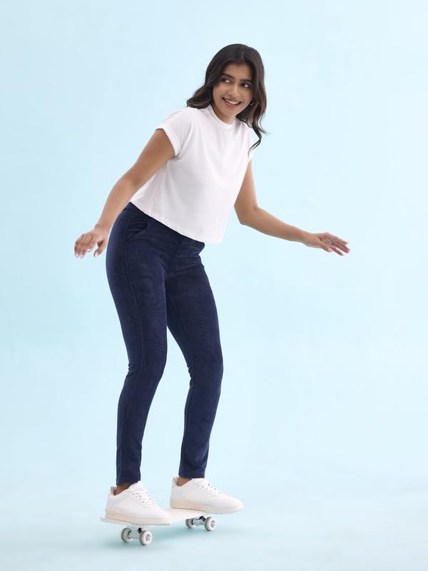 Image of GO COLORS Solid Corduroy Treggings for Women | Warmtech, Mid Rise, Side Pocket