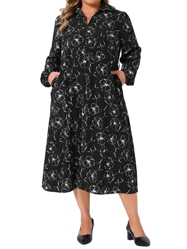 Agnes Orinda Plus Size Womens Polo Long Sleeve Belted Midi Dress Flowy Floral Pattern Dress with Pockets Casual Fall2