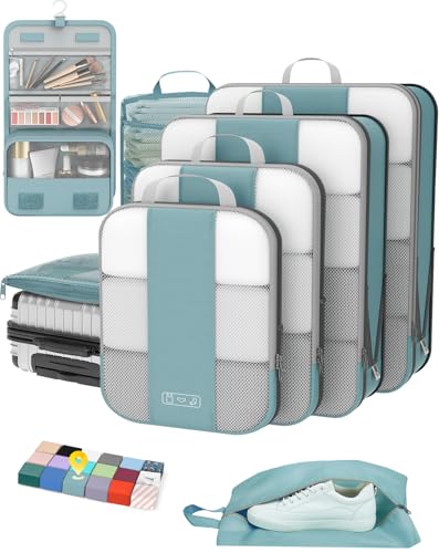 Image of OlarHike 8 Set Compression Packing Cubes for Travel Essentials,Compressible Expandable Space Saver Bags for Organizing Clothes,Luggage Suitcase Garment Bags with Over 1000 pcs Mesh Holes(Blue Gray)