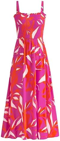 PRETTYGARDEN Womens Summer Dresses 2026 Casual Spaghetti Strap Ruffle Smocked Flowy Floral Spring Maxi Dress with Pocket
