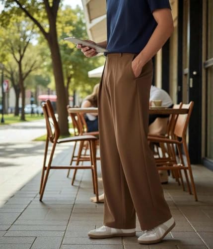 Image of KOTTY Men's Wide Leg Casual Style Korean Trousers with Relaxed Fit Tailoring Modern Structured Design for Professional Wear