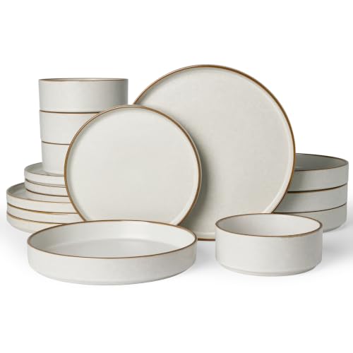 Image of Famiware Nebula 16-Piece Plates and Bowls, Matte Beige White with Brown Rim | Reactive Glaze Dinnerware Set with Pasta Bowls, Service for 4 - Chip & Scratch Resistant, Microwave & Dishwasher Safe
