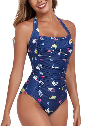 Image of Smismivo Tummy Control Swimwear Halter One Piece Slimming Vintage Retro Swimsuit Womens Ruched Push Up Bathing Suit
