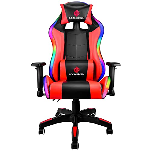 Boomersun Gaming Stuhl Racing Stuhl, Ergonomischer Bürostuhl Stuhl, Drehstuhl Racer Gamer Stuhl PC Stuhl, mit Wippfunktion, Einstellbarer Neigungswinkel, Einstellbare Armlehne (Rot, Mit LED-Licht)