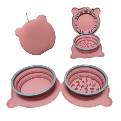 Comedero Bebedero portatil 2 en 1 Doble Regulable Plegable de Viaje para Perros y Gatos Cuenco Doble Silicona antideslicante con mosqueton Free BPA Perros Grande medianos