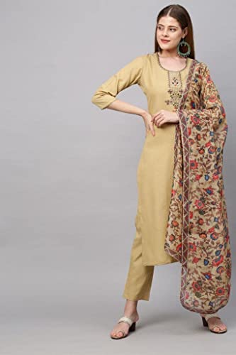 Image of GoSriKi Women's Cotton Blend Straight Printed Kurta with Pant & Dupatta (Authentic-GS)