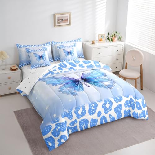Image of Feelyou Cute Butterfly Comforter Set with Sheets 7 Piece Twin Size Leopard Print Bed in a Bag Kids Boys Girls Butterflies Print Bedding Set Glitter Dreamy Princess Soft