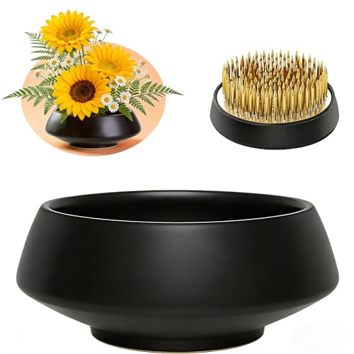 Eggone Ceramic Flower Pot Flower Arrangement Set Japanese Ikebana Floral Art Supplies Handmade Flower Bowl Decorative Flower Vase for Centerpieces (Small Black)