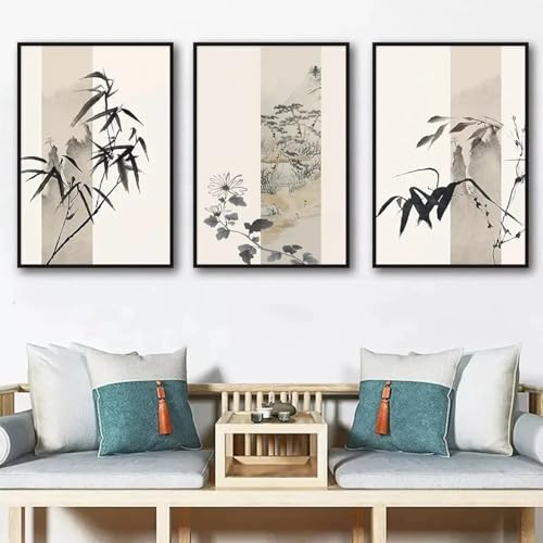 Tableau deco salon moderne style asiatique fleurs et plantes design épuré pour grand mur vide