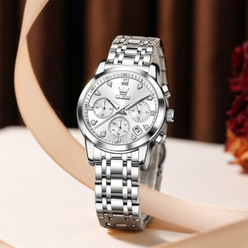 Image of OLEVS Women Watch Multifunctional Two Tone Watch Fashion Business Analog Quartz Ladies Watch Stainless Steel Waterproof Diamond Watch for Women