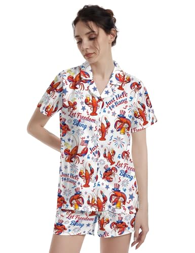 Image of Funny Satin Pajamas Set for Women Button Down Sleepwear Print Pjs Set 2 Piece Short Sleeve Loungewear Gift for Women