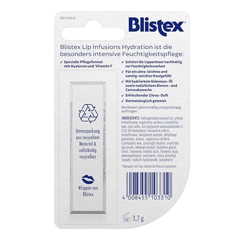 Blistex Lip Infusions Hydration, Feuchtigkeitsspendend mit Hyaluronsäure, 3,7 g , Verpackung kann variieren