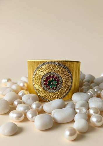 Image of Mansiyaorange CZ AD Stone Gold-Plated Fancy Floral Cuff Bangle Bracelet