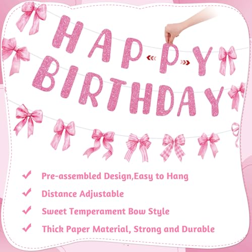 Image of Pink Bow Birthday Decorations, Banner And Hanging Swirls, 45 Pcs | Pink Bow Theme, Pre-Assembled Banner, Sturdy Cardstock, Reusable, For Girls And Women Birthday Parties