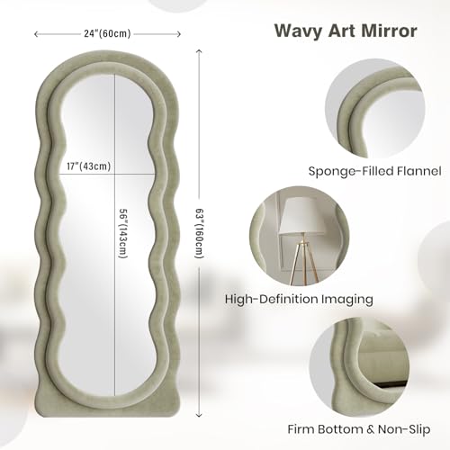Full Length Mirror 63"x24" Arched Wavy Full Body Wall Mounted Floor Mirror with Stand Sage Flannel Frame Leaning Hanging Wall Mirror for Bedroom Entrance Hallway - Image 6