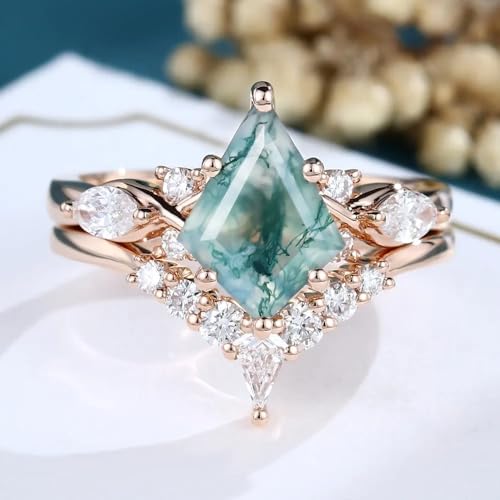 Kite-Cut Natural Moss Agate & Lab-Created Moissanite Wedding Band with Bridal Engagement Ring Set 925 Sterling Silver for Women Elegant, and Timeless3