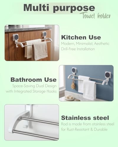 Image of Wall Mounted Adhesive Multi Bar Towel Holder Rack with Rotating Stainless Steel Rods and Side Hook for Bathroom Kitchen Use on Smooth Flat Surfaces (Towel Rack 002)