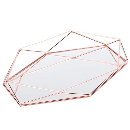 Jewelry Storage Tray - Bathroom Sexangle Mirror Metal Gold Cosmetic Jewelry Storage Organizer Tray Box Plate(rose gold) - Image 4