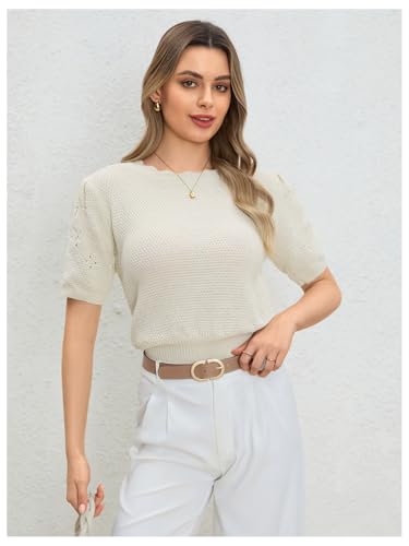 Verdusa Women's Puff Short Sleeve Knit Top Crew Neck Distressed Pullover Lightweight Sweaters4