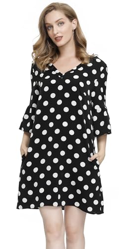 BUENOS NINOS Dresses for Womens Summer Bell Sleeve V-Neck Shift Dress Mini Dress Black Polka Dot L