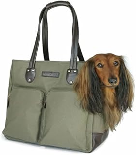 DJANGO Dog Carrier Bag - Waxed Canvas and Leather Soft-Sided Pet Travel Tote with Bag-to-Harness Safety Tether & Secure Zipper Pockets (Large, Olive Green)