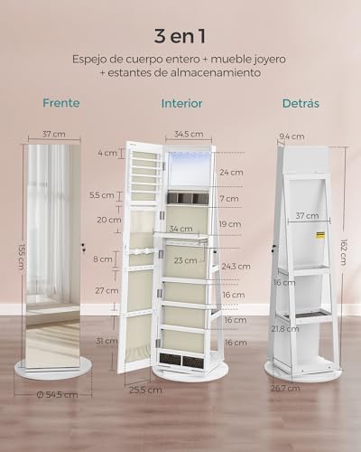 SONGMICS Espejo Joyero con 6 LEDs, Armario de Joyas de Giro de 360°, Organizador de Joyería Giratorio, sin Marco, Espejo Completo, 3 Estantes, Superficie Blanco, Forro Greige JJC007W02 5 Songmics Espejo Joyero Con 6 Leds, Armario De Joyas De Giro De 360°, Organizador De Joyería Giratorio, Sin Marco, Espejo Completo, 3 Estantes, Superficie Blanco, Forro Greige Jjc007w02