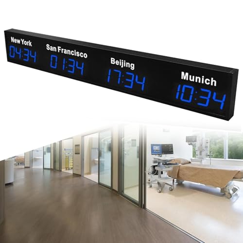 FLNOZAMZ Horloge de fuseaux horaires mondiaux, 3/4 City Time Heure LED Horloge Murale numérique Mondiale Multi-fuseaux horaires intérieure pour Bureau/Maison/Salon/école/Entreprises (4city Blue)