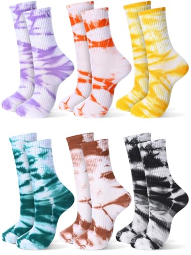 Fourluoo 6 Pairs Casual Tie Dye Dress Socks Cotton Colorful Crew Socks for Men Women Crazy Funny Athletic Hippie Gifts (Colorful)