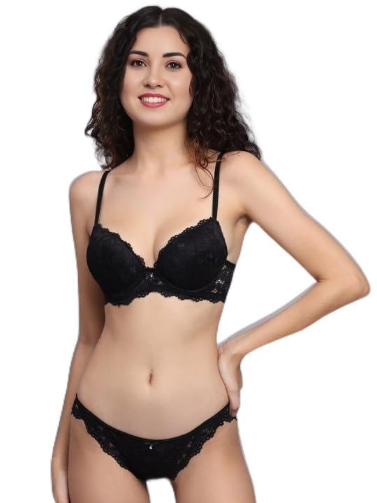 Image of SGC SWEDEN Designer Women's Padded Bra Panty Set Lace Push Up Non-Wired Solid Lingerie Set /Bikini Set for Women /Lingerie Set for Women & Girls
