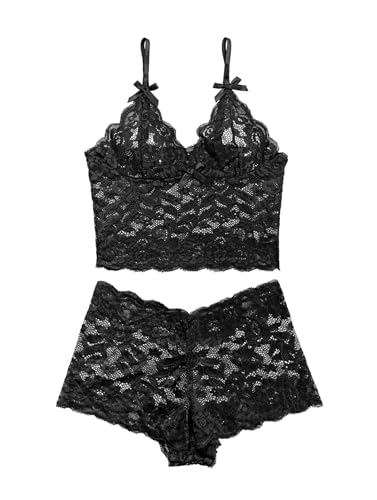 Image of Lilosy Sexy Sheer Floral Lace Pajamas Lingerie Set High Waist Sleepwear Bra and Panty 2 Piece Nightwear