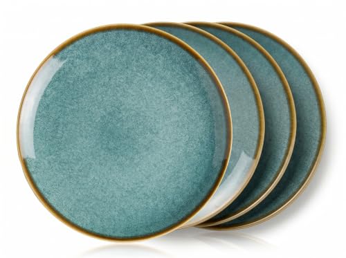 Image of Freakway Handcrafted Quarter Plates Teal Reactive Glaze, 7.2 Inch, Microwave & Dishwasher Safe, Set of 4