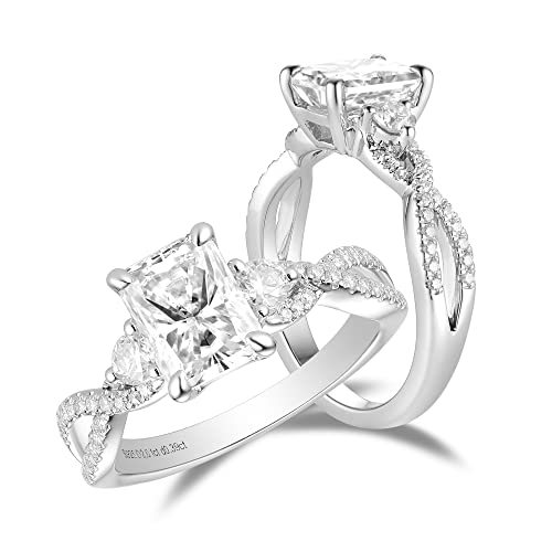 DovEggs Moissanite Wedding Ring Sets for Women 2ct GHI Color Radiant Cut Moissanite Split Shank Women`s Engagement Ring Anniversary Accents 14K Gold Quality Sterling Silver Promise Rings